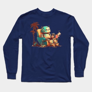 An old robot get comfy with a cup od coffe no background Long Sleeve T-Shirt